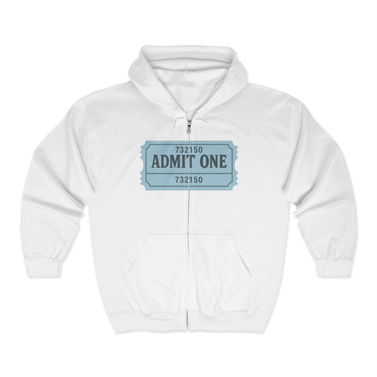 The Ticket Zip Up Hoodie - Admit One Design,  Medium-Heavy Fabric, Concert Hoodie, Gift for Him/Her, Everyday Wear, Casual Outings